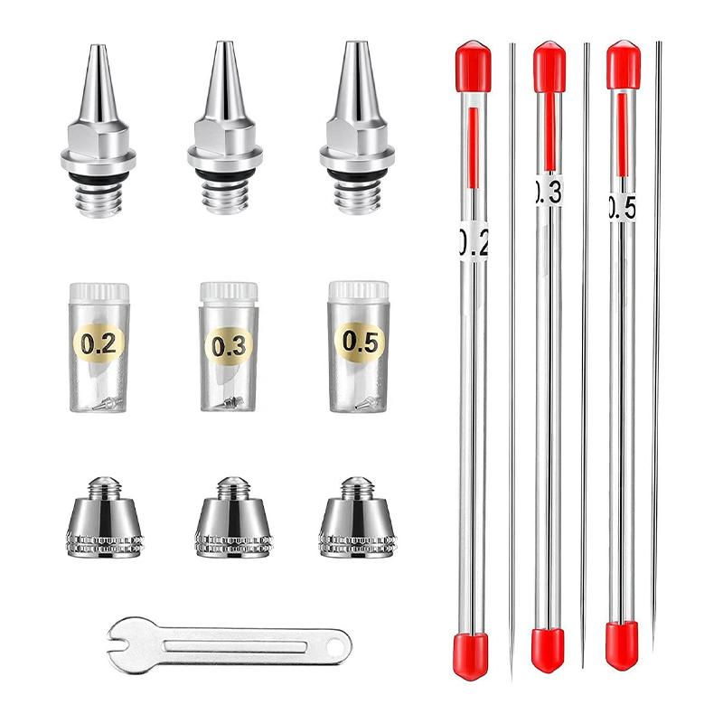 10-częściowy zestaw częściowo zamiennik Airbrush z dyszami 0,2 mm, 0,3 mm i 0,5 mm, igły, czapki dyszy i kluczowe klucze do akcesoriów z pistoletem natryskowym